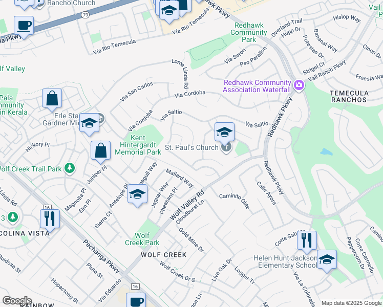 map of restaurants, bars, coffee shops, grocery stores, and more near 45412 Corte Progreso in Temecula