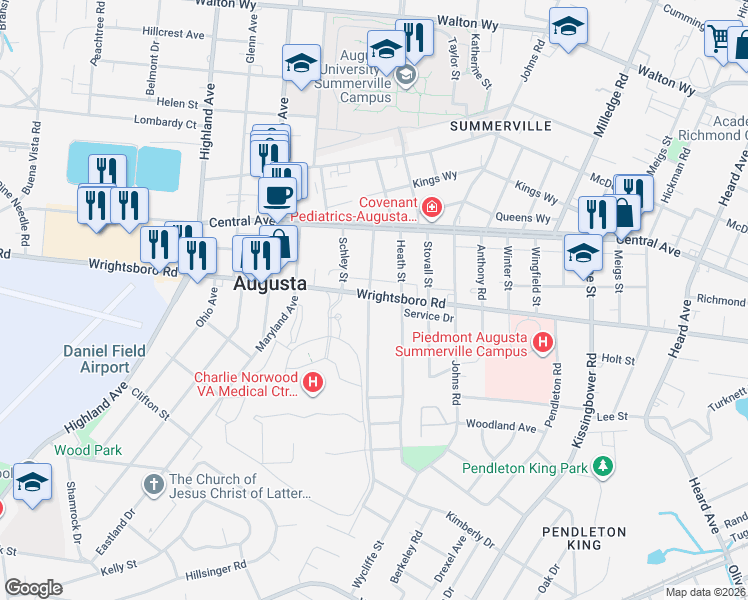 map of restaurants, bars, coffee shops, grocery stores, and more near in Augusta