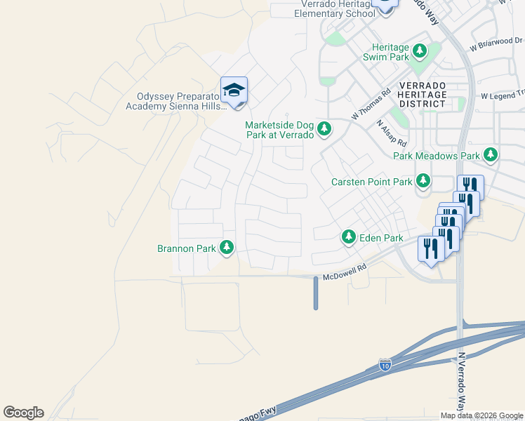map of restaurants, bars, coffee shops, grocery stores, and more near 21223 West Granada Road in Buckeye
