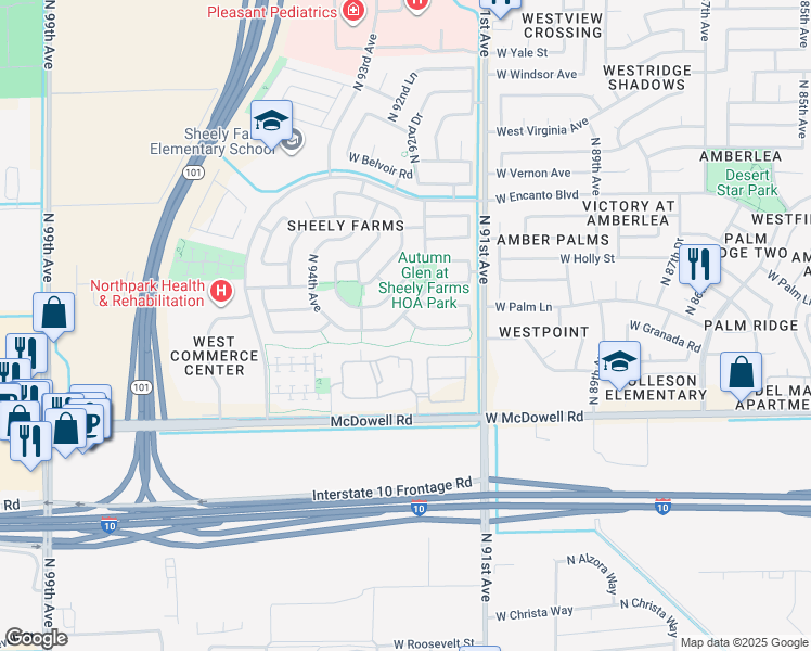 map of restaurants, bars, coffee shops, grocery stores, and more near 9171 West Berkeley Road in Phoenix