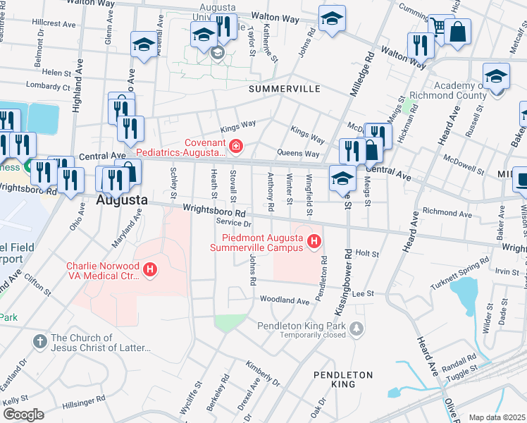map of restaurants, bars, coffee shops, grocery stores, and more near 2279 Wrightsboro Road in Augusta