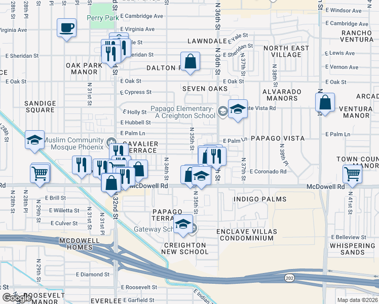 map of restaurants, bars, coffee shops, grocery stores, and more near 3446 East Coronado Road in Phoenix
