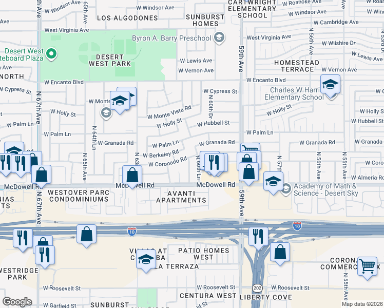 map of restaurants, bars, coffee shops, grocery stores, and more near 6104 West Coronado Road in Phoenix