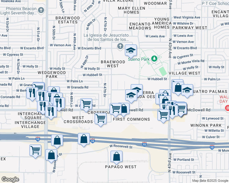 map of restaurants, bars, coffee shops, grocery stores, and more near 4641 W Granada Rd in Phoenix