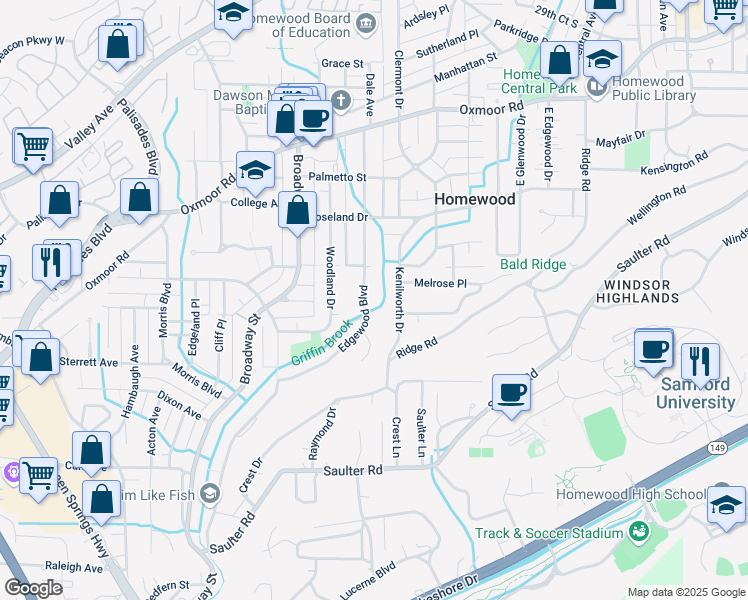 map of restaurants, bars, coffee shops, grocery stores, and more near 413 Edgewood Blvd in Birmingham