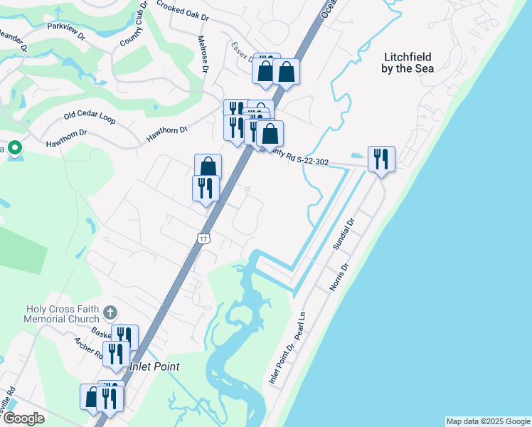 map of restaurants, bars, coffee shops, grocery stores, and more near 171 Salt Marsh Circle in Pawleys Island