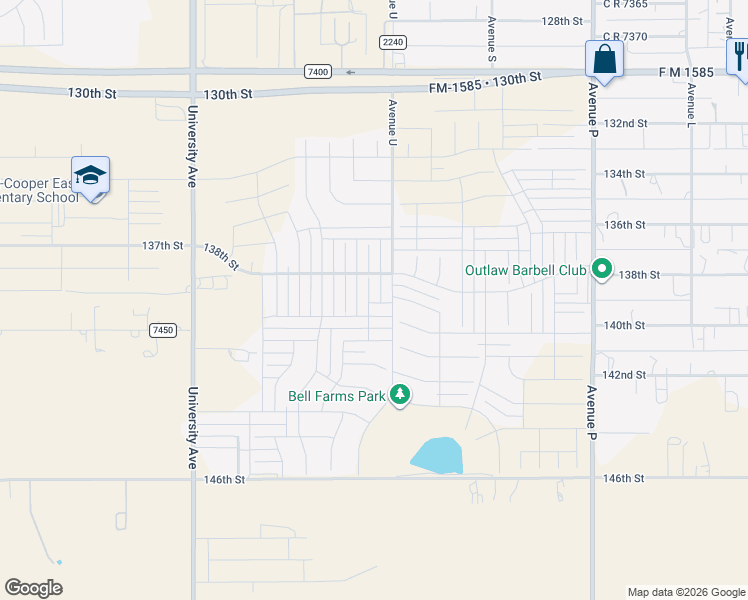 map of restaurants, bars, coffee shops, grocery stores, and more near 13808 Avenue U in Lubbock