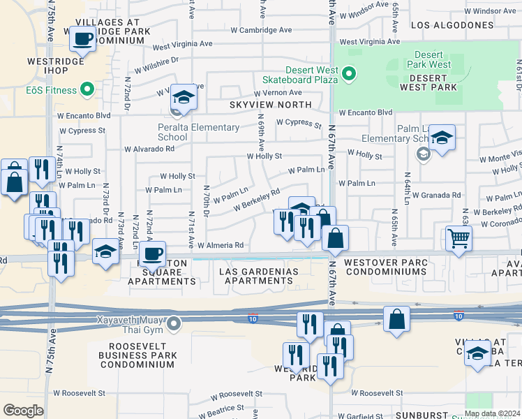 map of restaurants, bars, coffee shops, grocery stores, and more near 6902 West Coronado Road in Phoenix