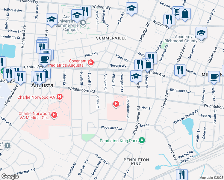 map of restaurants, bars, coffee shops, grocery stores, and more near 1447 Winter Street in Augusta