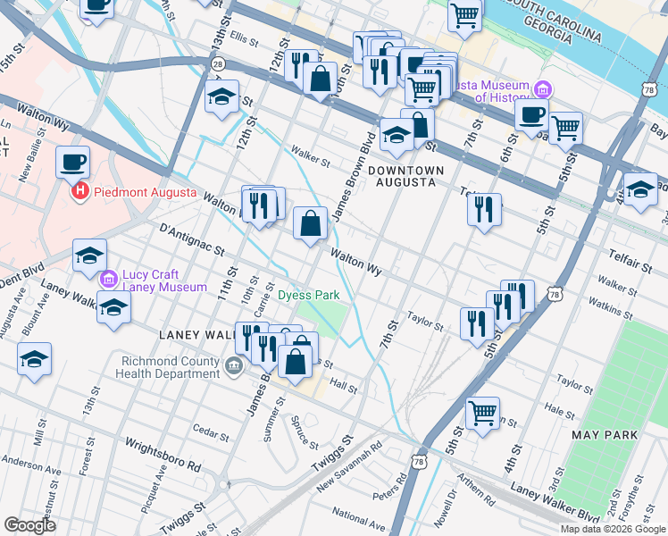 map of restaurants, bars, coffee shops, grocery stores, and more near 829 Barnes Street in Augusta