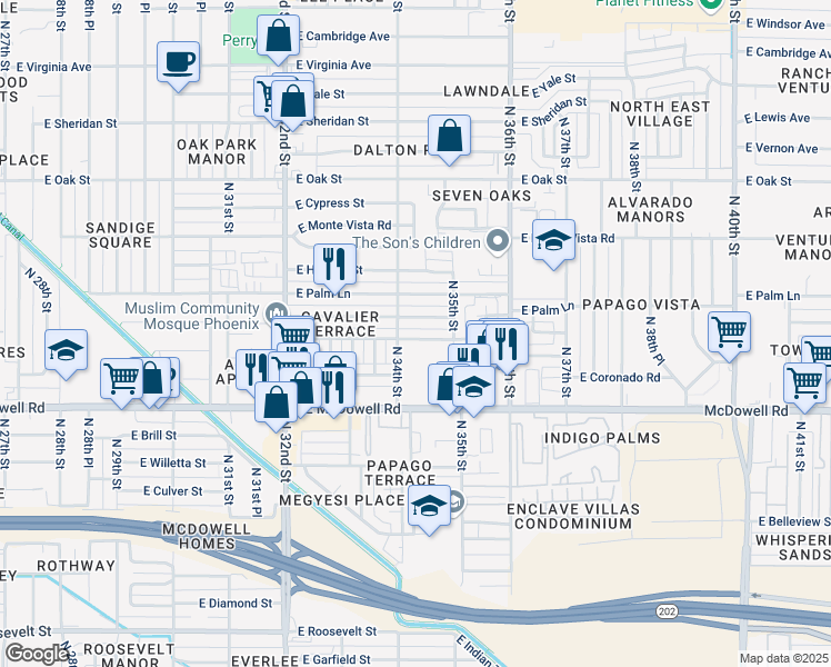 map of restaurants, bars, coffee shops, grocery stores, and more near 3414 East Coronado Road in Phoenix