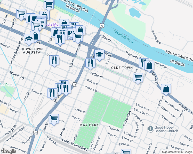 map of restaurants, bars, coffee shops, grocery stores, and more near 323 Walker Street in Augusta