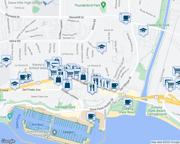 map of restaurants, bars, coffee shops, grocery stores, and more near 34061 Formosa in Dana Point
