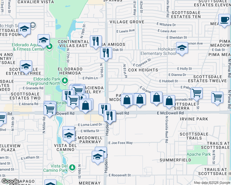 map of restaurants, bars, coffee shops, grocery stores, and more near 8027 East Coronado Road in Scottsdale