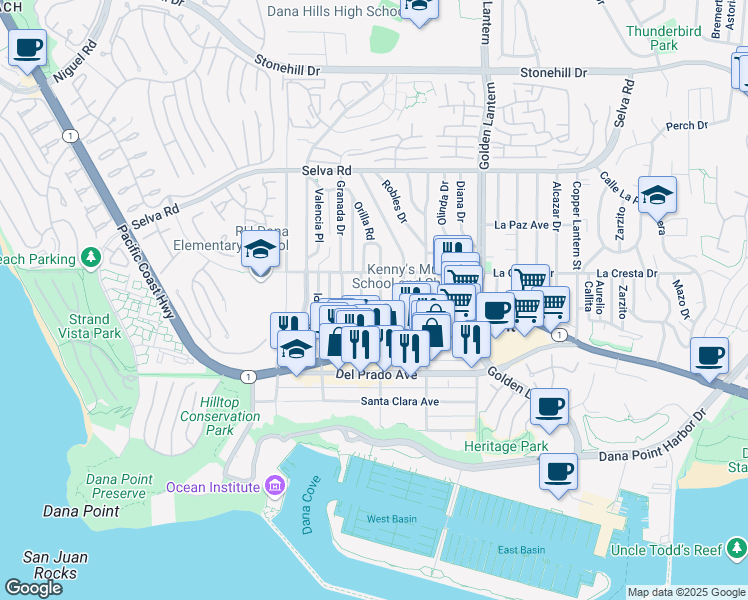 map of restaurants, bars, coffee shops, grocery stores, and more near 34061 Amber Lantern Street in Dana Point