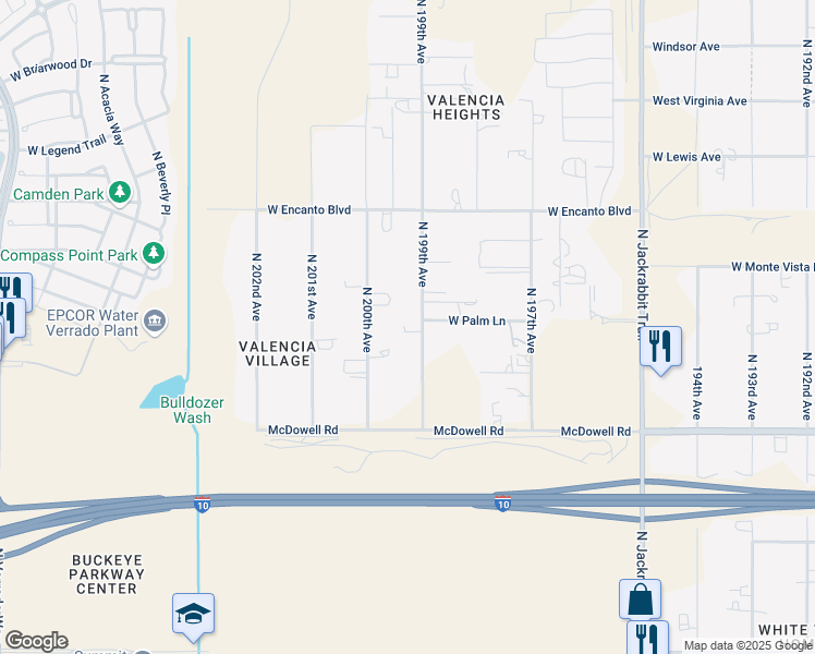 map of restaurants, bars, coffee shops, grocery stores, and more near 1906 North 199th Avenue in Buckeye