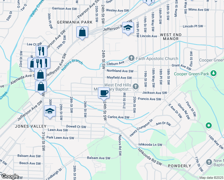 map of restaurants, bars, coffee shops, grocery stores, and more near 2137 Powderly Avenue Southwest in Birmingham