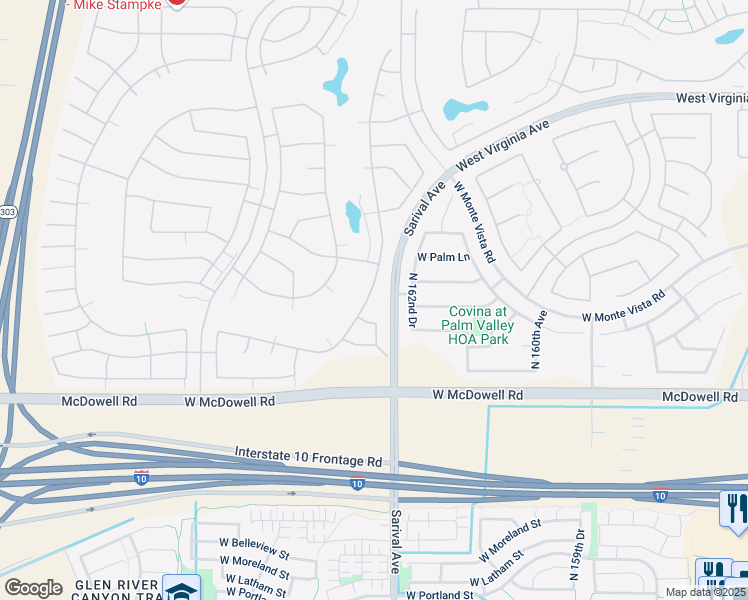 map of restaurants, bars, coffee shops, grocery stores, and more near 2017 North 164th Avenue in Goodyear