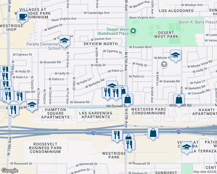 map of restaurants, bars, coffee shops, grocery stores, and more near 1802 North 68th Drive in Phoenix