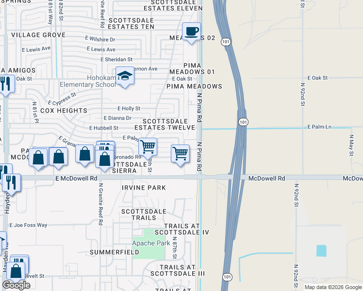map of restaurants, bars, coffee shops, grocery stores, and more near 1656 North 87th Place in Scottsdale