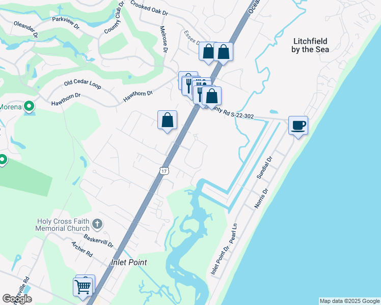 map of restaurants, bars, coffee shops, grocery stores, and more near 380 Salt Marsh Circle in Pawleys Island