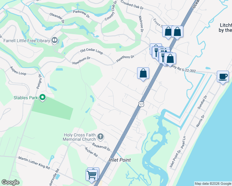 map of restaurants, bars, coffee shops, grocery stores, and more near 88 Yale Place in Pawleys Island