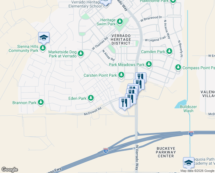 map of restaurants, bars, coffee shops, grocery stores, and more near 1759 North Marketside Avenue in Buckeye