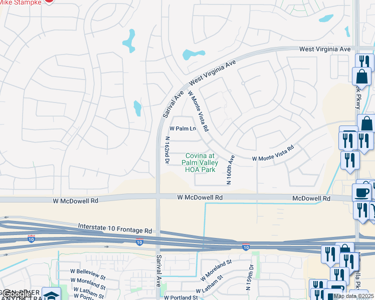 map of restaurants, bars, coffee shops, grocery stores, and more near 16184 West Berkeley Road in Goodyear