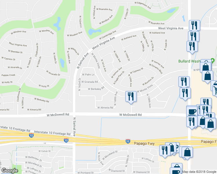 map of restaurants, bars, coffee shops, grocery stores, and more near 16084 West Berkeley Road in Goodyear