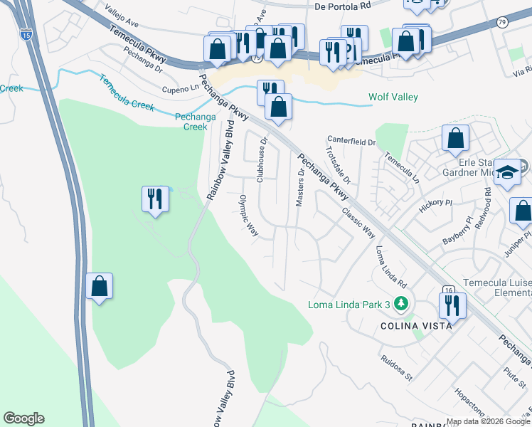 map of restaurants, bars, coffee shops, grocery stores, and more near 45608 Clubhouse Drive in Temecula