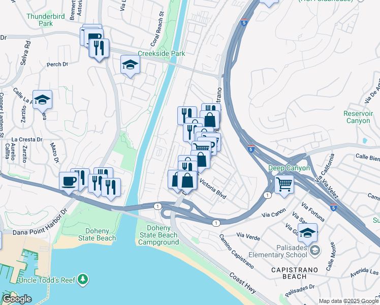 map of restaurants, bars, coffee shops, grocery stores, and more near 34117 Doheny Park Road in Dana Point