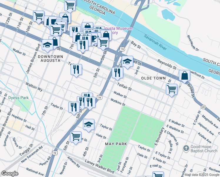 map of restaurants, bars, coffee shops, grocery stores, and more near 403 Walker St in Augusta
