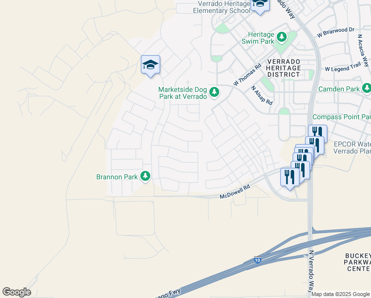 map of restaurants, bars, coffee shops, grocery stores, and more near 21176 West Granada Road in Buckeye