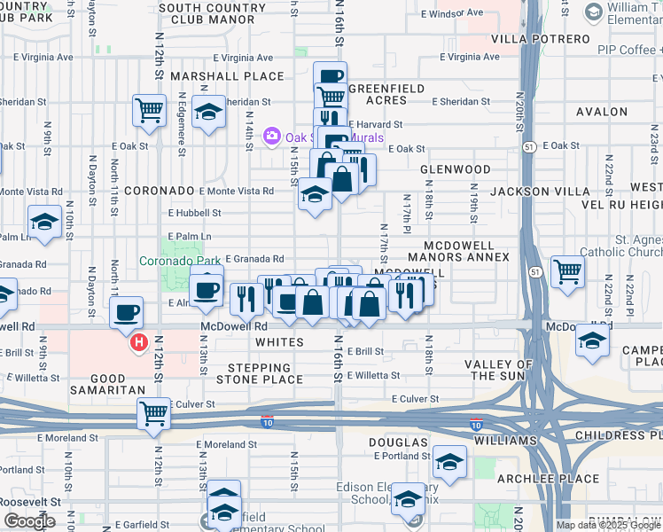 map of restaurants, bars, coffee shops, grocery stores, and more near 1810 North 16th Street in Phoenix