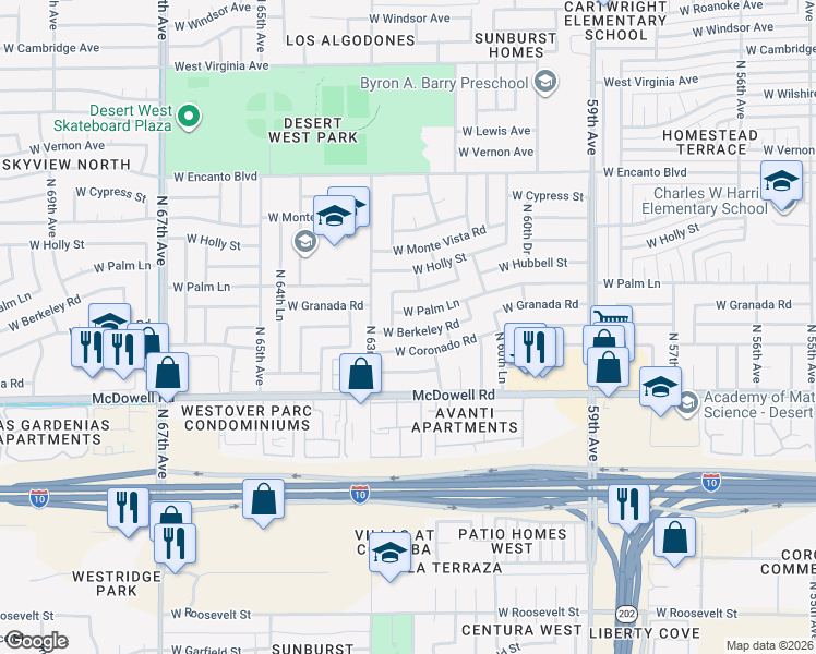 map of restaurants, bars, coffee shops, grocery stores, and more near 6233 West Berkeley Road in Phoenix