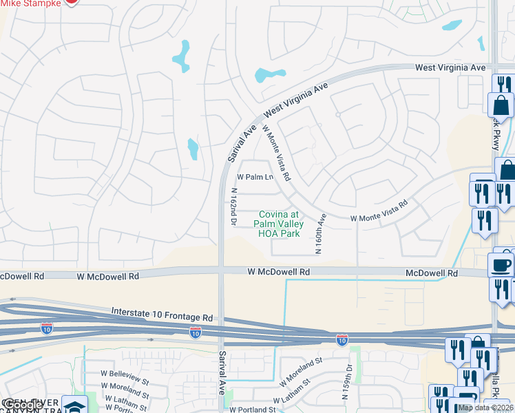 map of restaurants, bars, coffee shops, grocery stores, and more near 16184 West Berkeley Road in Goodyear