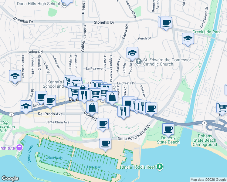 map of restaurants, bars, coffee shops, grocery stores, and more near 34081 Aurelio in Dana Point