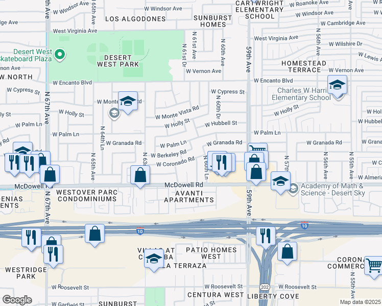 map of restaurants, bars, coffee shops, grocery stores, and more near 6104 West Coronado Road in Phoenix