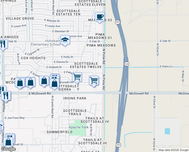 map of restaurants, bars, coffee shops, grocery stores, and more near 1656 North 87th Place in Scottsdale