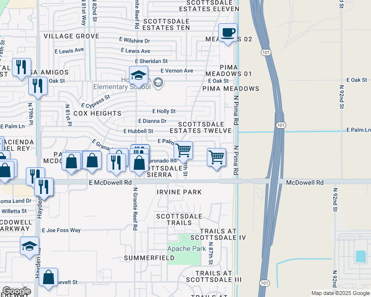 map of restaurants, bars, coffee shops, grocery stores, and more near 8725 East Palm Lane in Scottsdale