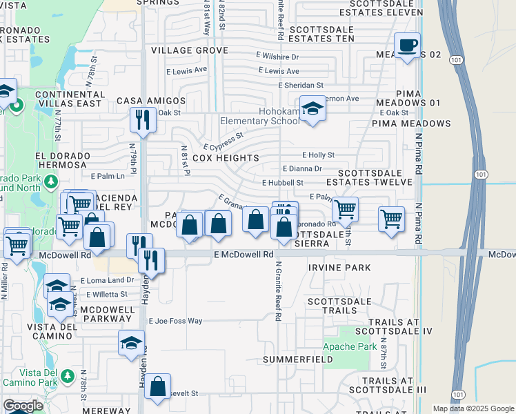 map of restaurants, bars, coffee shops, grocery stores, and more near 8343 East Granada Road in Scottsdale