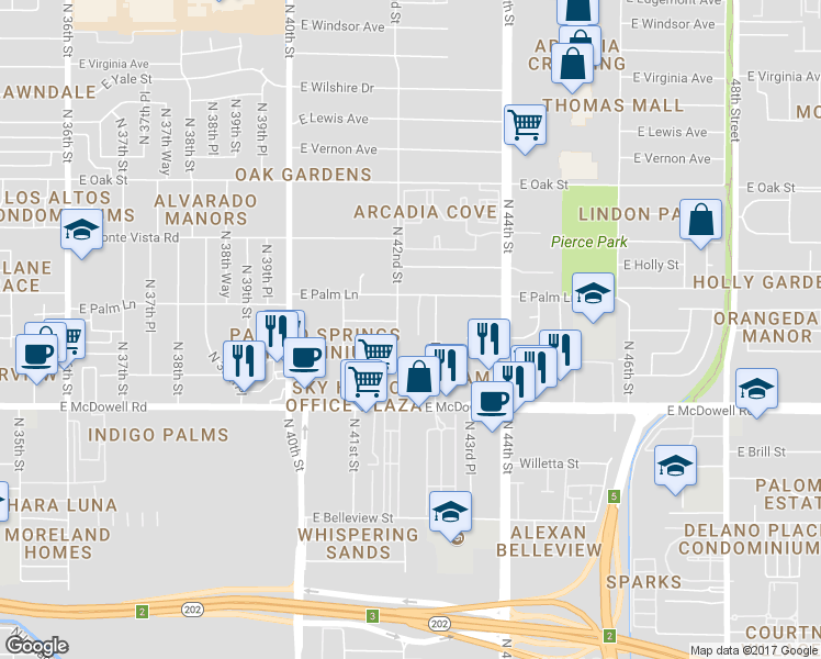 map of restaurants, bars, coffee shops, grocery stores, and more near 4148 East Coronado Road in Phoenix