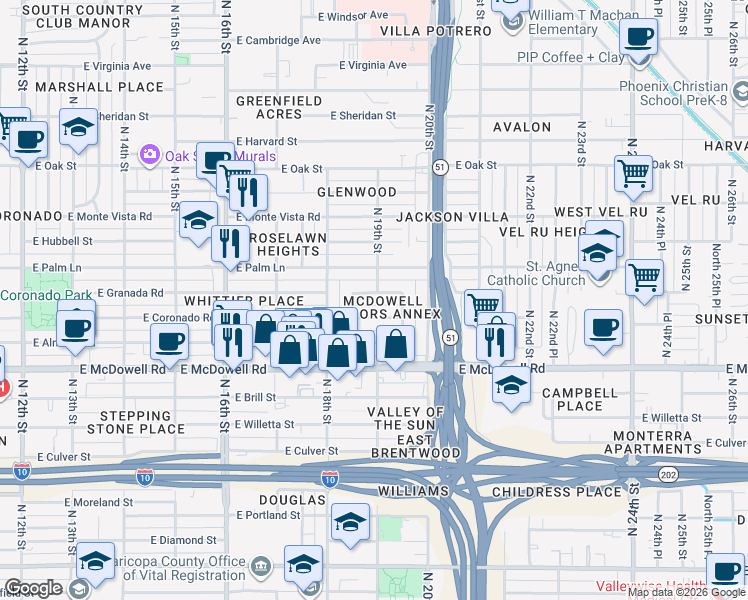 map of restaurants, bars, coffee shops, grocery stores, and more near 1906 East Coronado Road in Phoenix