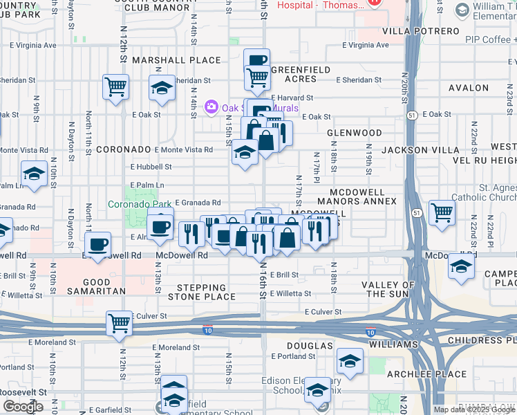 map of restaurants, bars, coffee shops, grocery stores, and more near 1526 East Coronado Road in Phoenix