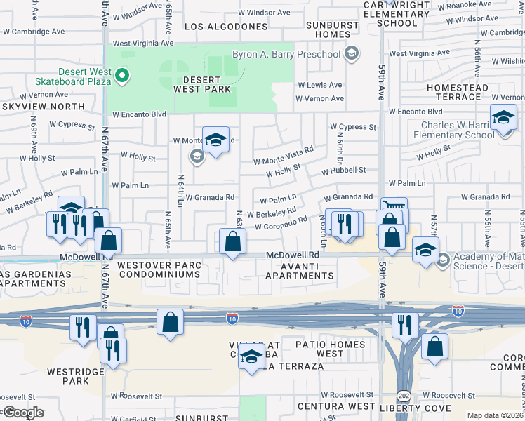 map of restaurants, bars, coffee shops, grocery stores, and more near 6233 West Berkeley Road in Phoenix