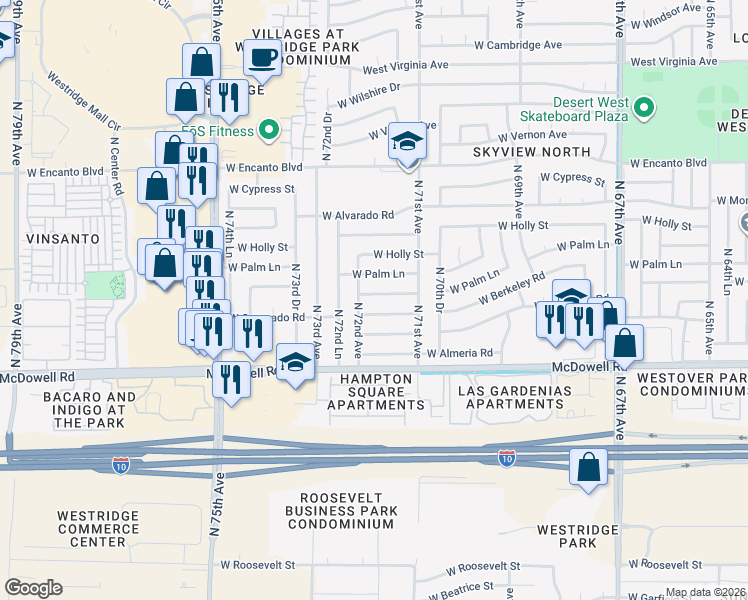 map of restaurants, bars, coffee shops, grocery stores, and more near 7134 West Berkeley Road in Phoenix