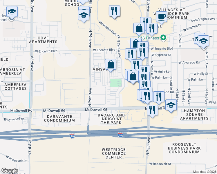 map of restaurants, bars, coffee shops, grocery stores, and more near 7850 West McDowell Road in Phoenix