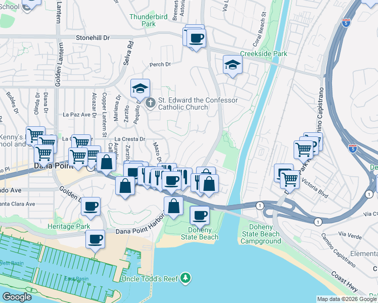 map of restaurants, bars, coffee shops, grocery stores, and more near 34082 Cambridge Road in Dana Point