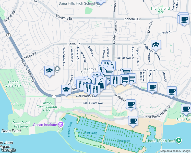 map of restaurants, bars, coffee shops, grocery stores, and more near 34071 Violet Lantern Street in Dana Point