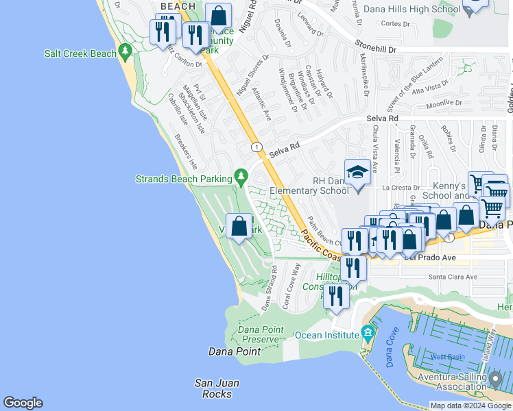 map of restaurants, bars, coffee shops, grocery stores, and more near 34028 Selva Road in Dana Point